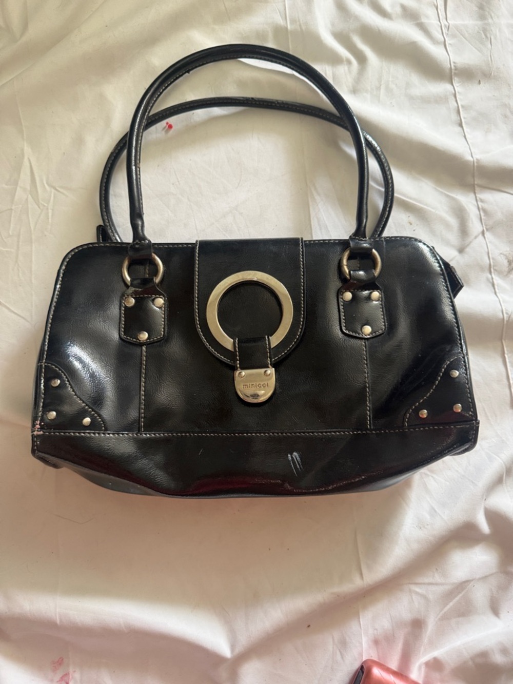 Minicci Black Satchel with Silver Ring Accent